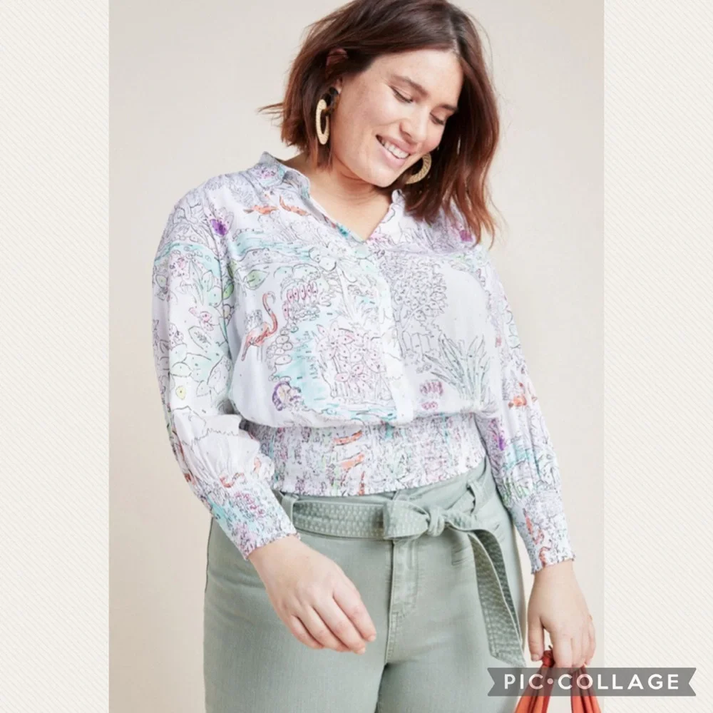 Anthropologie Maeve Jungle Rosa Blouse in Ivory